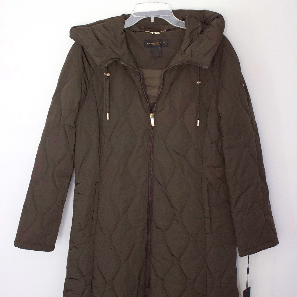 NWT Donna Karan Quilted Tech Weave Hooded Coat Dark Olive Green Quilted Jacket